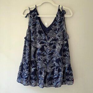 TOMMY HILFIGER Tie Strap Ruffle Blouse | XL | Navy Blue White Lined Tank Top NWT